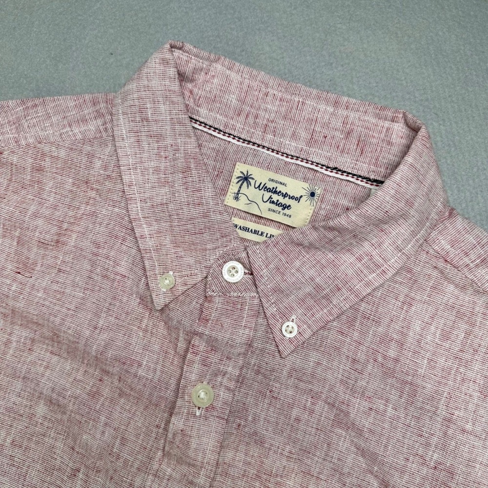 Weatherproof Vintage Button Down Shirt Mens Large Red Short Sleeve Linen Blend